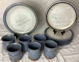 lot 29 image: Blue Stoneware Pottery Set - 6 Cups, 6 Plates and 1 10 Plate