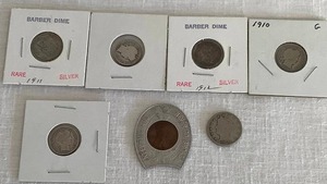 lot 1 image: American Coins - Barber Dimes, Liberty Head Nickel and Encased Wheat Penny