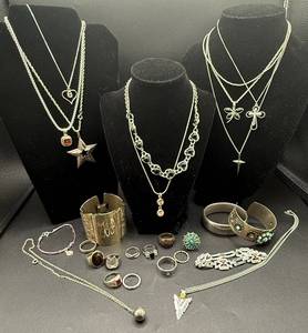 lot 72 image: Bundle of Silver Toned Jewelry - Necklaces, Bracelets and Rings