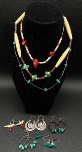 lot 92 image: Turquoise and Coral Necklaces with Earrings
