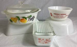 lot 84 image: Vintage Milk Glass Baking Dishes from Fire King, Glasbake, & Pyrex