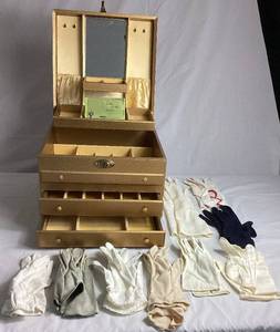 lot 96 image: Vintage Bond St. Jewel Case Corp. Jewelry Chest with Key and Collection of Womens Vintage Gloves