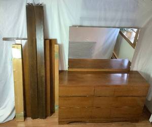 lot 109 image: MCM 9 Drawer Dresser with Mirror and Matching Full Headboard & Footboard