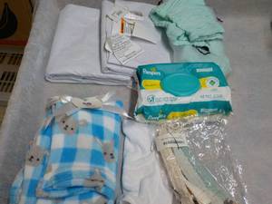 lot 14 image: Baby Blanket, Pampers Pacifier Clip...