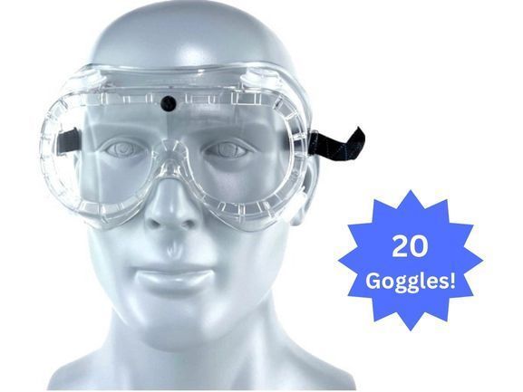 lot 25 image: MSRP $300 1 Case (20 Goggles) High Quality Ultimate Industrial Inc Safety Goggles SG-204&nbspAnti Fog Protective Scratch Resistant UV Ventilated Clear&nbspGoggles Fits Over Glasses Adjustable Bands For At&nbspWork, Job Site, School, Lab &amp More