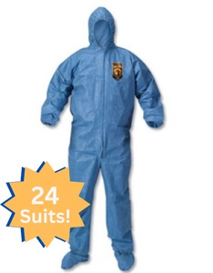 lot 80 image: MSRP $350  1 Case (24 each) NEW Kleenguard 45094 Blood and Chemical Splash Protection Hooded &amp Booted Denim Coveralls - Size XL Blue