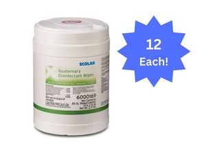 lot 74 image: 1 Case (12 each) NEW Ecolab 6000169 9 x 12 Quaternary Disinfectant Wipes - Non-Alcohol, Quat Based Formula, Excellent Material Compatibility, Used in Hazardous Critical Areas to Prevent Contamination