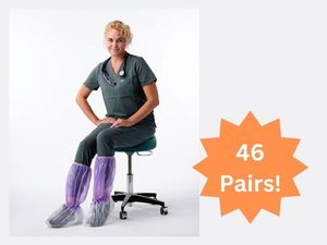 lot 78 image: MSRP $500 Bulk Lot (46 Pairs) Sloan Medical STA-DRI Knee-High Protective Covers KH-450 Non-Skid Sole WHeat-Sealed Seams Prevents Leaking, 2 mil polyethylene can be worn for long periods without tearing Protects from Blood &amp Messy Situation
