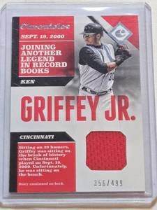 lot 8 image: Ken Griffey Jr. 2017 Panini Chronicles Relic #CS-KGJ and Numbered 356499 - Cincinnati Reds Baseball Card