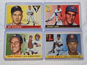 lot 24 image: Lot of 4 Vintage 1955 Baseball Cards Featuring Jack Parks, Ed McGhee, Tom Hurd, and Johnny Gray