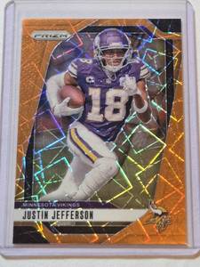 lot 33 image: Justin Jefferson 2024 Panini Prizm Orange Lazer #187 - Minnesota Vikings Football Card