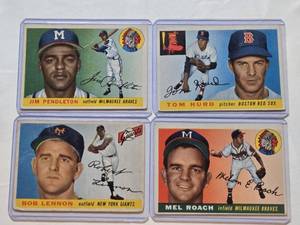 lot 51 image: Lot of 4 Vintage 1956 Topps Baseball Cards Featuring Bob Lennon, Jim Pendleton, Mel Roach, and Tom Hurd
