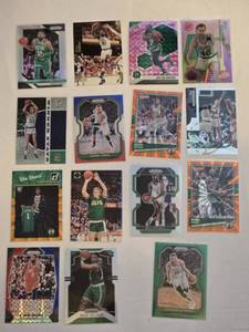 lot 58 image: Lot of 15 Boston Celtics Basketball Cards Featuring Players like Kyrie Irving, Larry Bird, Jaylen Brown, Bill Russell and Others
