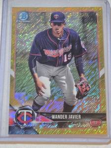 lot 67 image: Wander Javier 2018 Bowman Chrome Gold Shimmer Refractor #BCP134 and Numbered 1950 - Minnesota Twins Baseball Card
