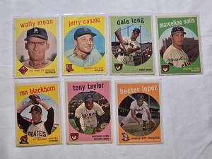 lot 93 image: Lot of 7 Vintage 195 Topps Baseball Cards Featuring Wally Moon, Jerry Casale, Dale Long, Marcelino Solis, Ron Blackburn, Tony Taylor, and Hector Lopez.