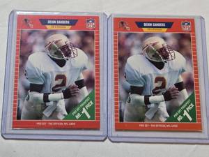 lot 125 image: Lot of 2 Deion Sanders Rookie Football Cards Both Pro Set Prospect No. 1 Pick CB Atlanta Falcons