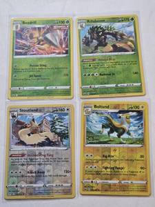 lot 132 image: Lot of 4 Pokemon Holo Cards Featuring Beedrill, Rillaboom, Stoutland, and Boltund