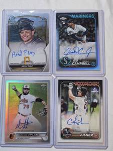lot 138 image: Lot of 4 Numbered and Auto Baseball Cards Featuring Axiel Plaz, Isaiah Campbell, Marcos Diplan, and Cam Fisher