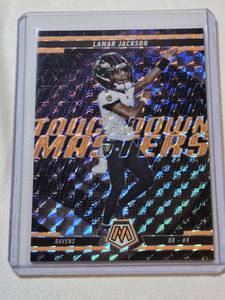 lot 214 image: Lamar Jackson 2025 Panini Mosaic Touchdown Masters Prizm Insert #5 - Baltimore Ravens Football Card