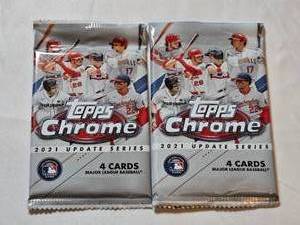 lot 218 image: Lot of 2 Topps Chrome 2021 Update Series Baseball Card Packs - One Pack Has Come Open (Contents Untouched)