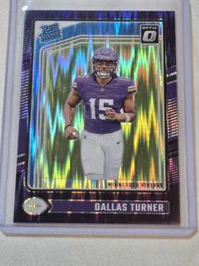 lot 246 image: Dallas Turner Rookie 2024 Panini Donruss Optic Purple Shimmer Prizm #224 - Minnesota Vikings Football Card