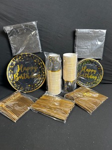 lot 253 image: Black & Gold Happy Birthday Party Supplies Set - Plates Cups Napkins Utensils