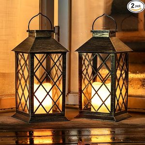 lot 248 image: Homemory Solar Lanterns - Bronze Outdoor Hanging Lanterns, 2-Pack with Flameless Flickering Candles