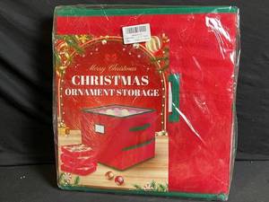 lot 274 image: Christmas Ornament Storage Chest - Red With Green Handles, 3-Drawer Organizer
