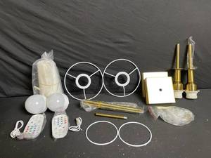 lot 299 image: Brass Pendant Light Kit with Dual LED Ring Frames, Diffuser Spheres & Remotes