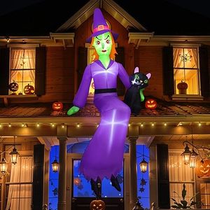 8 ft Halloween Witch Yard Decor Prop - Purple Robe, Green Skin, Black Cat