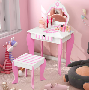 lot 101 image: Costzon Kids Vanity, Girls Vanity Set with Mirror and Stool, Storage Drawer, Wooden Princess Makeup Dressing Table, Kids Vanity Table and Chair Set