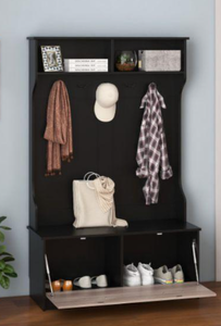 lot 57 image: HU10448DK 3-in-1 Coat Rack with Entryway Bench & Hooks & Enclosed Cabinet, Black