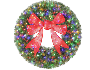 lot 76 image: HOMCOM 60in Pre-Lit Christmas Wreath with 3D Red Bow, 11 Lighting Modes, Front Door Christmas Wreath with Remote