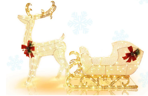 lot 114 image: 6 Feet Christmas Lighted Reindeer and Santas Sleigh Decoration with 4 Stakes