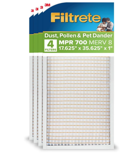 lot 162 image: Filtrete 17 58x35 58x1 AC Furnace Air Filter, MERV 8, MPR 700, Tough on Pollen, Easy on Airflow, 3-Month Pleated 1-Inch Electrostatic Air Cleaning Filter,4-Pack (Actual Size 17.44 x 35.44 x 0.65 in)