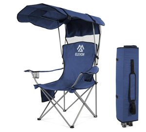 lot 167 image: Elevon Camping Chair, Oversized Folding Chair with Canopy, Portable Outdoor Chair with Arms, Cup Holder and Carry Bag for Camping, Fishing, Beach, and Sports, Indigo