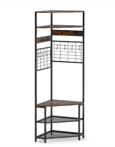 lot 213 image: 5-Tier Corner Hall Tree With Shoe Storage Bench-Rustic Brown