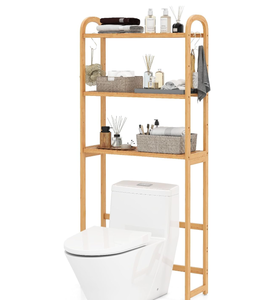 lot 223 image: GOFLAME Bamboo over the Toilet Storage Shelf, Space Saver Storage Rack w3-tier Open Shelf, Adjustable Shelves, 3 Movable Hooks, Freestanding above Toilet Shelf for Bathroom, Laundry, Balcony, Natural