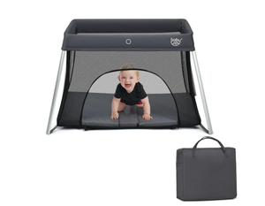 lot 304 image: Gymax Foldable Baby Playpen Playard Lightweight Crib w Carry Bag For Infant Dark Gray