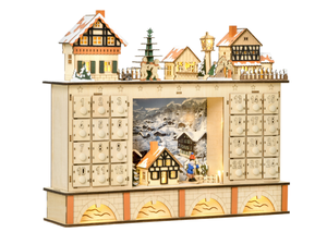 lot 310 image: HOMCOM Christmas Advent Calendar, Light Up Table Xmas Wooden Store Holiday Decoration with Countdown Drawer, Village, for Kids and Adults, Natural