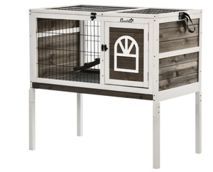 lot 315 image: PawHut Wood Rabbit Hutch, Elevated Guinea Pig Cage with Run, Coffee 35.5 x 20.75 x 34.25