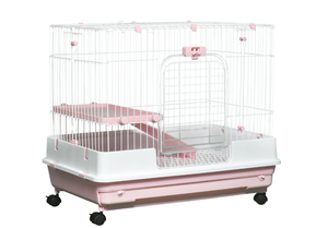 lot 323 image: PawHut 2-Level Small Animal Cage Rabbit Hutch with Wheels, Removable Tray, Platform and Ramp for Bunny, Chinchillas, Ferret, Pink