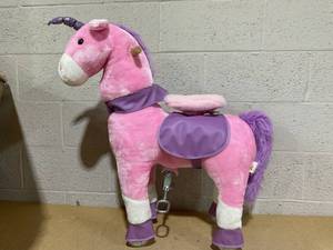 lot 438 image: Qaba Ride on Real Walking Unicorn with Sparkly Horn, Soft Plush Ride on Rocking Horse Bearing 176lbs