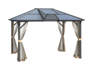 lot 19 image: Outsunny 10 x 12 Hardtop Gazebo Canopy with Polycarbonate Roof, Aluminum Frame, Permanent Pavilion Outdoor Gazebo with Netting, for Patio, Garden, Backyard, Deck, Lawn, Gray, Brown
