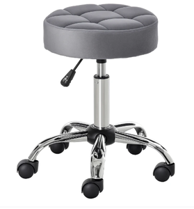 lot 332 image: HOMCOM Round Rolling Stool with Height Adjustable Lift, Vanity Chair with Luxury Style Upholstery, Office Chair with Swivel Seat and Wheels for Work Spa Salon, Grey