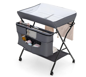 lot 427 image: Costzon Baby Changing Table, Adjustable Height Portable Diaper Station wLockable Wheels, Safety Belt, Large Storage Rack & Bag, Folding Nursery Station for Infant Newborn (Grey)
