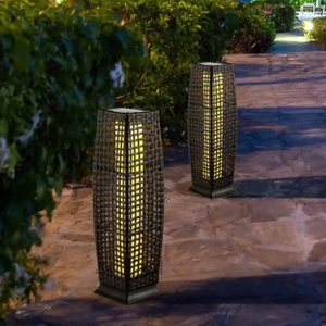 lot 61 image: Costway NP10519DK-2 Solar-Powered Square Wicker Floor Lamp with Auto LED Light, Black - 2 Piece