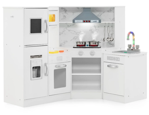 lot 62 image: Costway TP10300GR Kids Corner Wooden Play Kitchen Set with Range Hood & Stoves - Gray