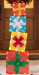 lot 113 image: Costway 4 FT Stackable Holiday Present Boxes with LEDs and Bows for Indoor Outdoor Home