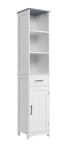 lot 348 image: Kleankin - Tall Bathroom Storage Cabinet, Narrow Bathroom Cabinet with 3 Tier Shelving, Drawer and Adjustable Shelves - White
